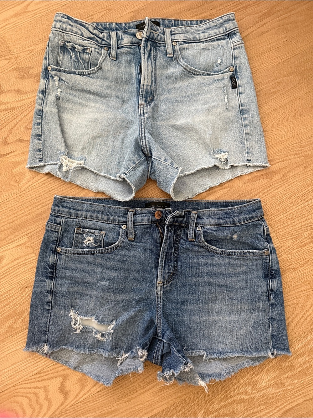 Silver Jeans Distressed Light & Medium Blue Denim Shorts Duo